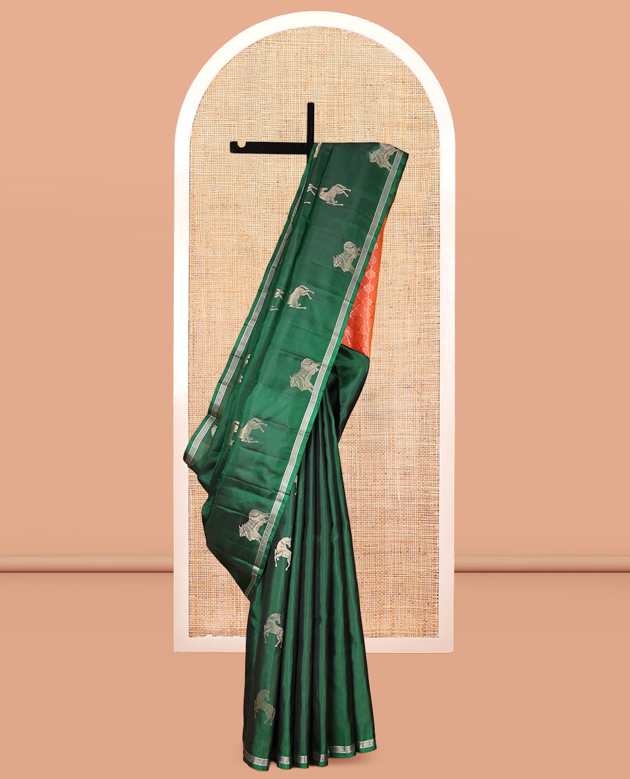 Green Kanchipuram Silk Saree, Crafted with Kuthirai and Pichwai Cow Buttas, a Piping Border, Contrast Intricate Pallu, and a Contrast Blouse