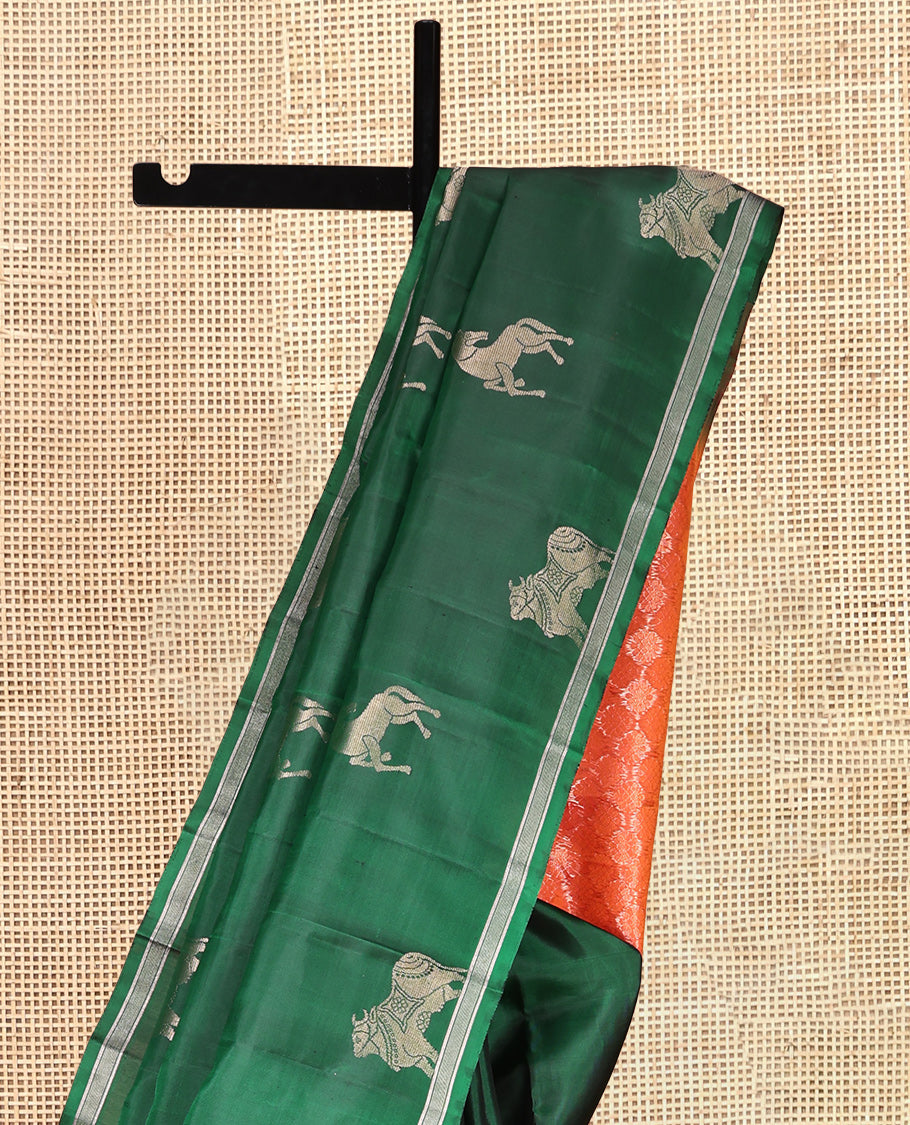 Green Kanchipuram Silk Saree, Crafted with Kuthirai and Pichwai Cow Buttas, a Piping Border, Contrast Intricate Pallu, and a Contrast Blouse