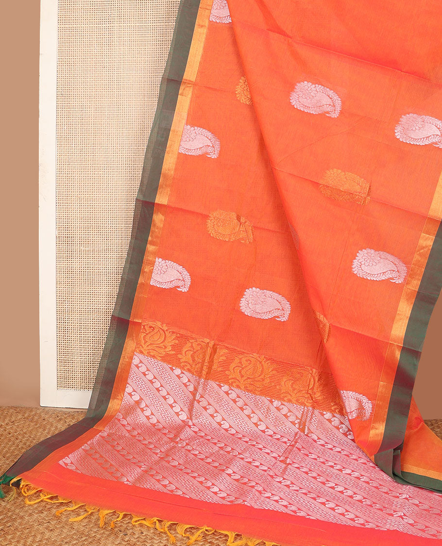 Orange paisley buttas Combatiore cotton saree, contrast plain border & pallu of paisley & chevron designs