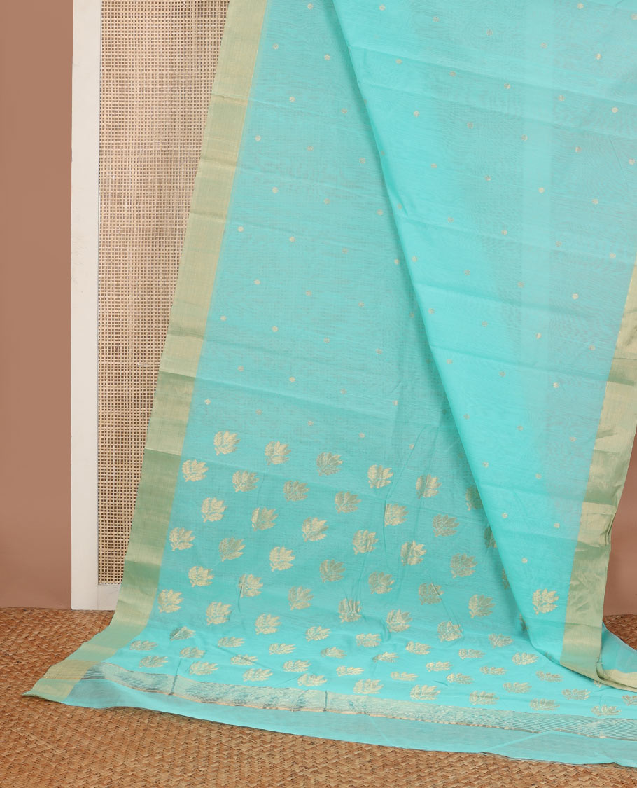 Light blue chanderi cotton saree with contrast zari border & leaf motifs pallu