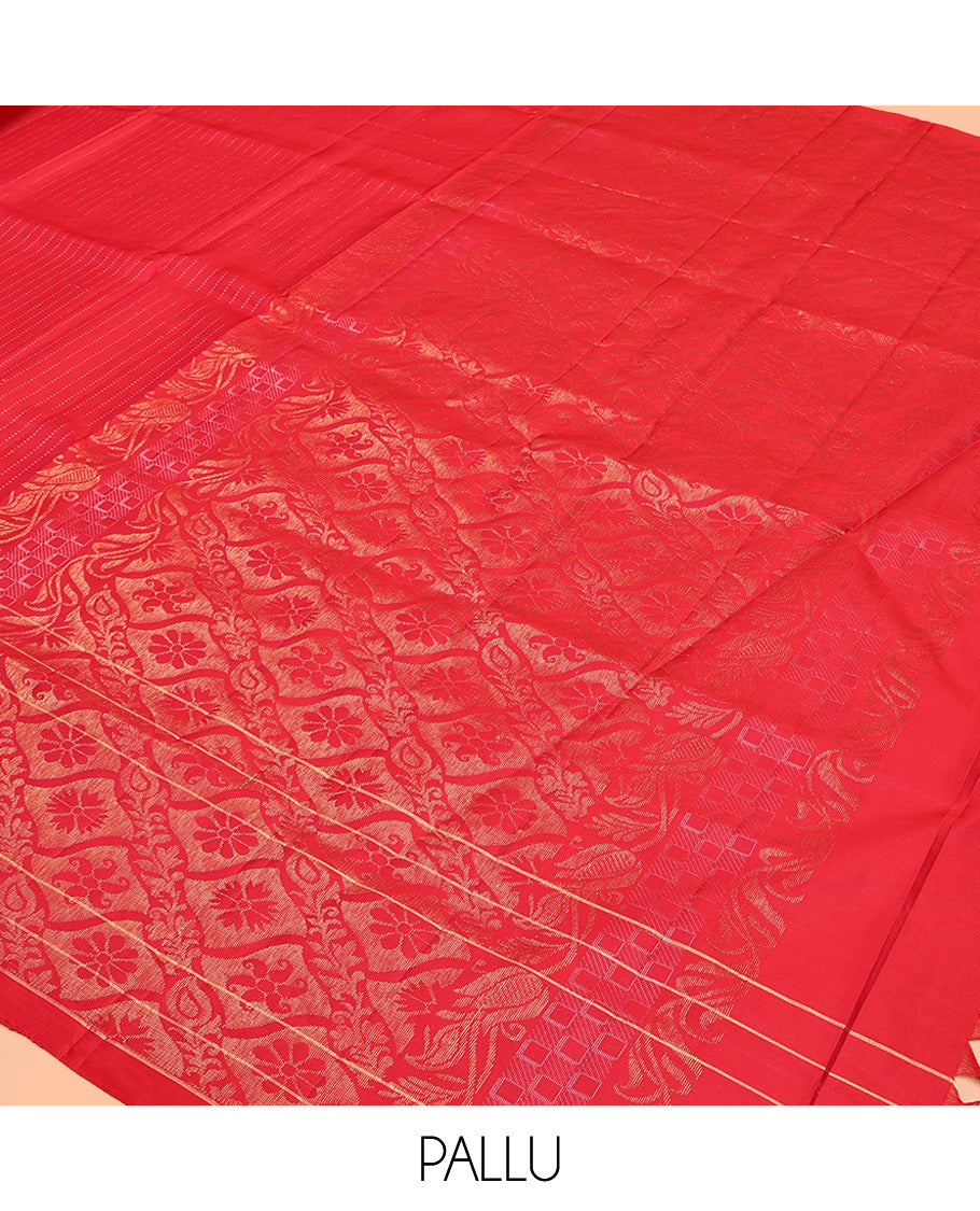 Red Mayuri Lite Silk Mix Saree, Finely Crafted with Muthu Stripes All Over Its Body, Highlighted by a Zari Butta Enclosed Checked Border, Pallu of Intricate Designs, and Paired with a Matching Blouse