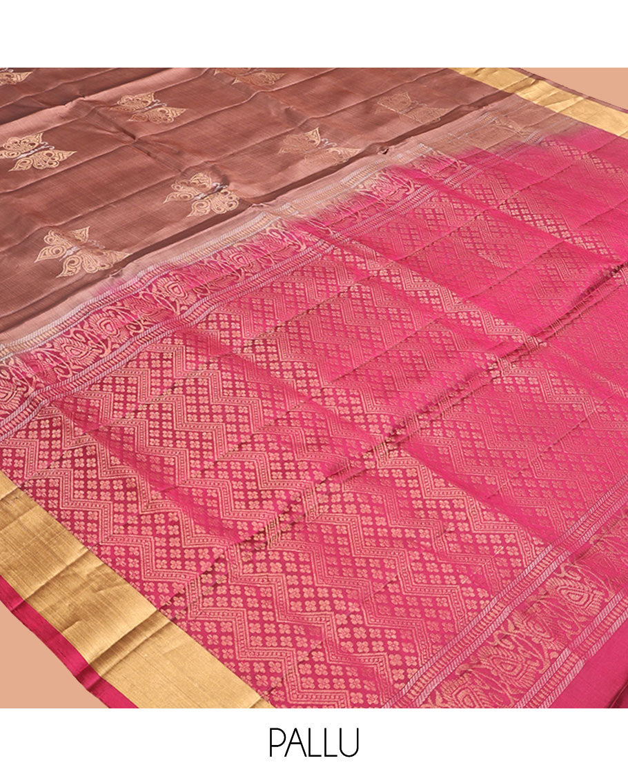Brown Mayuri Lite Silk Mix Saree, Sparsely Woven with Butterfly Buttas on Its Body, Highlighted by Zari Bavanji Border, Complemented by a Contrast Pallu of Chevron Designs, and Paired with a Contrast Blouse