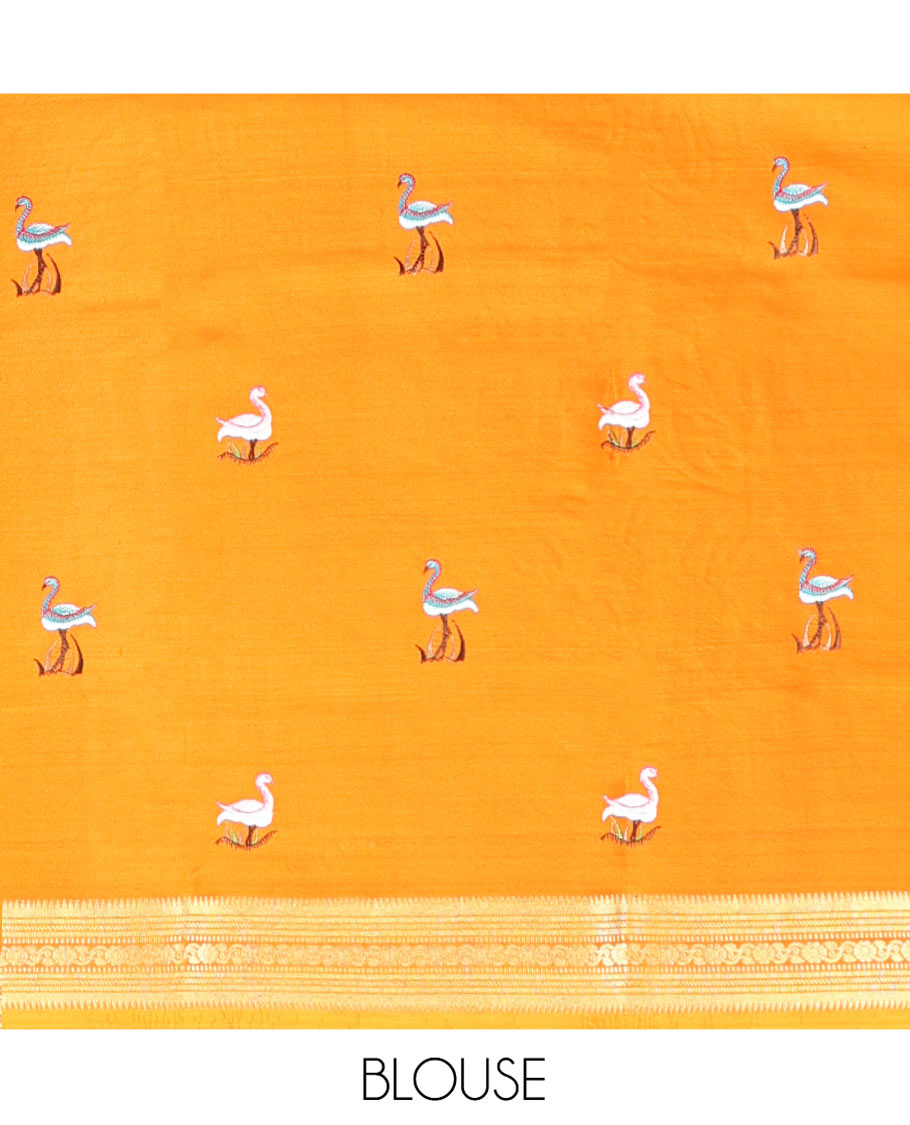 Blue Mysore Silk Saree, Gleamed up with Zari Checked Design on its Body, Complemented by Captivating Contrast Border of Traditional Zari Designs, Pallu of Tropical Flora and Flamingo Bird Designs, and Paired with a Contrast Blouse