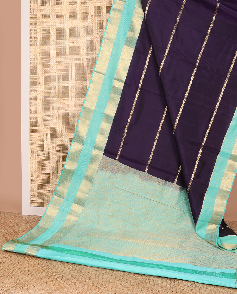 Violet striped vasundhara elite silk saree with self Contrast intricate zari design border & striped, floral design pallu