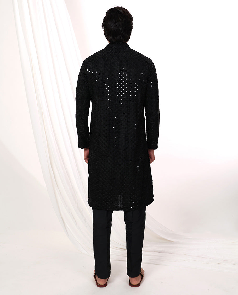Black thread embroidery with sequins work mandarin collar & full-sleeve long raw silk kurta