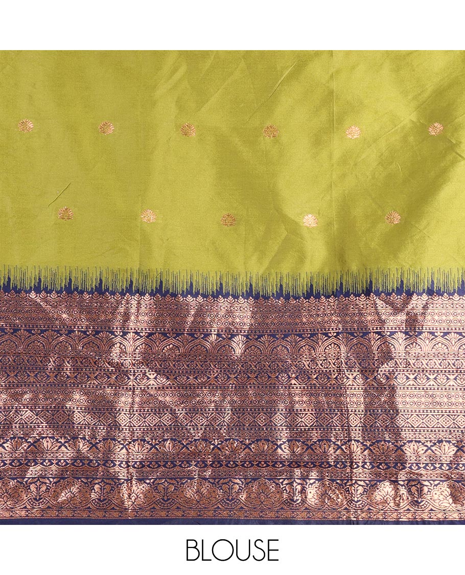 Parrot Green taffeta silk half saree, zari buttas with contrast navy blue traditional zari border, matching zari blouse, and contrast plain zari border dhavani