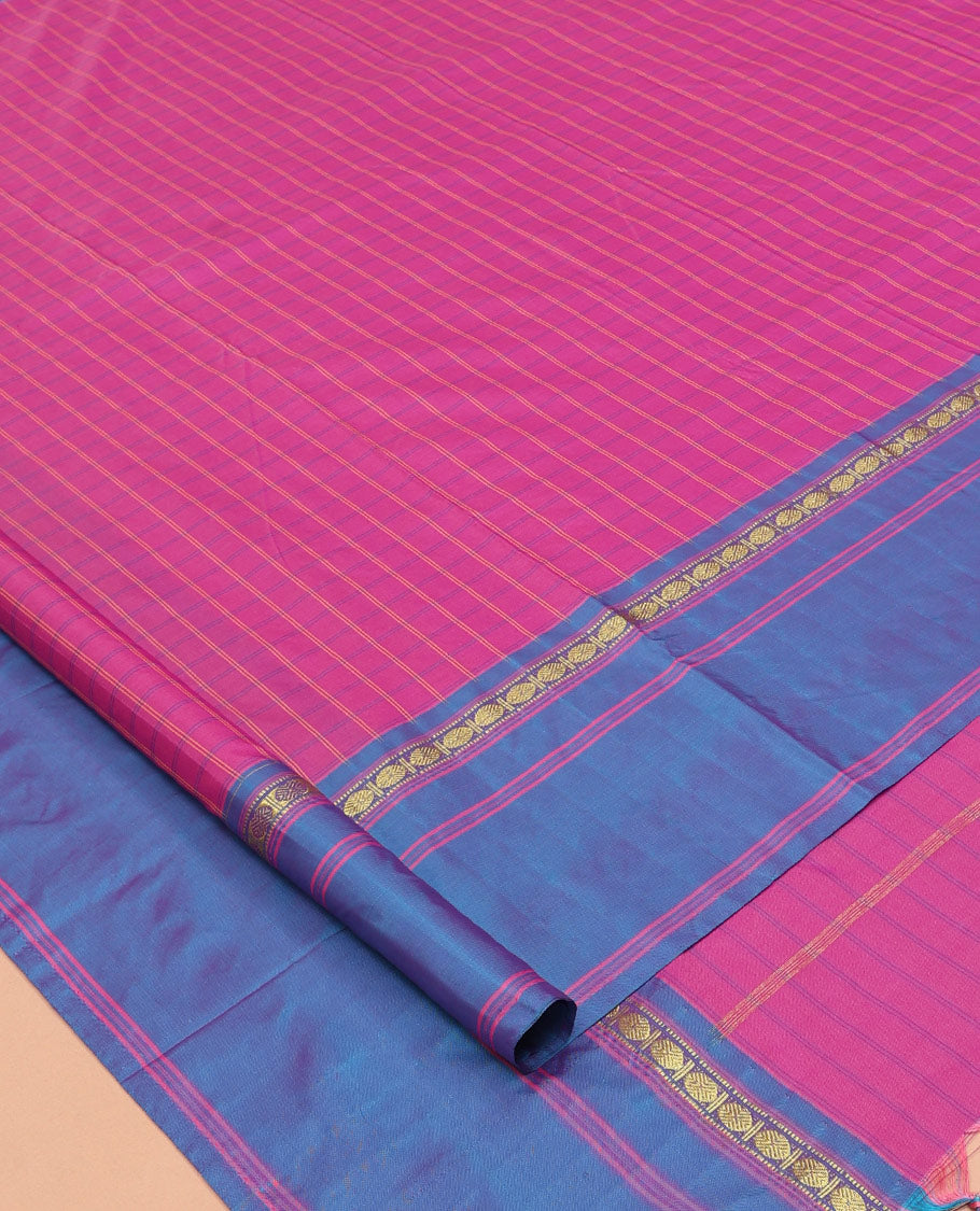 Pink Ten Yard Saree, Adorned with Checks, a Contrast Rudraksham Border, Pallu of Stripes, and No Blouse