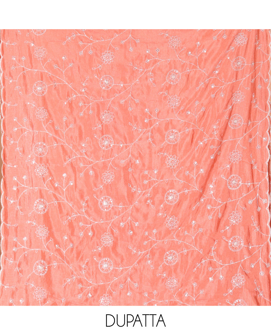 Cream with Dark Peach Vichitra Silk Material Chudidar Set, Elevated with Gold Zari Buttas On Its Top, a Plain Santoon Bottom, and Comes with a Floral Vine Sequins Embroidered Dupatta
