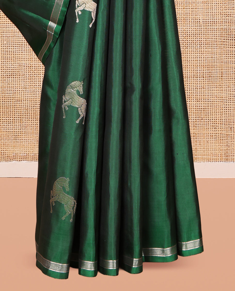 Green Kanchipuram Silk Saree, Crafted with Kuthirai and Pichwai Cow Buttas, a Piping Border, Contrast Intricate Pallu, and a Contrast Blouse