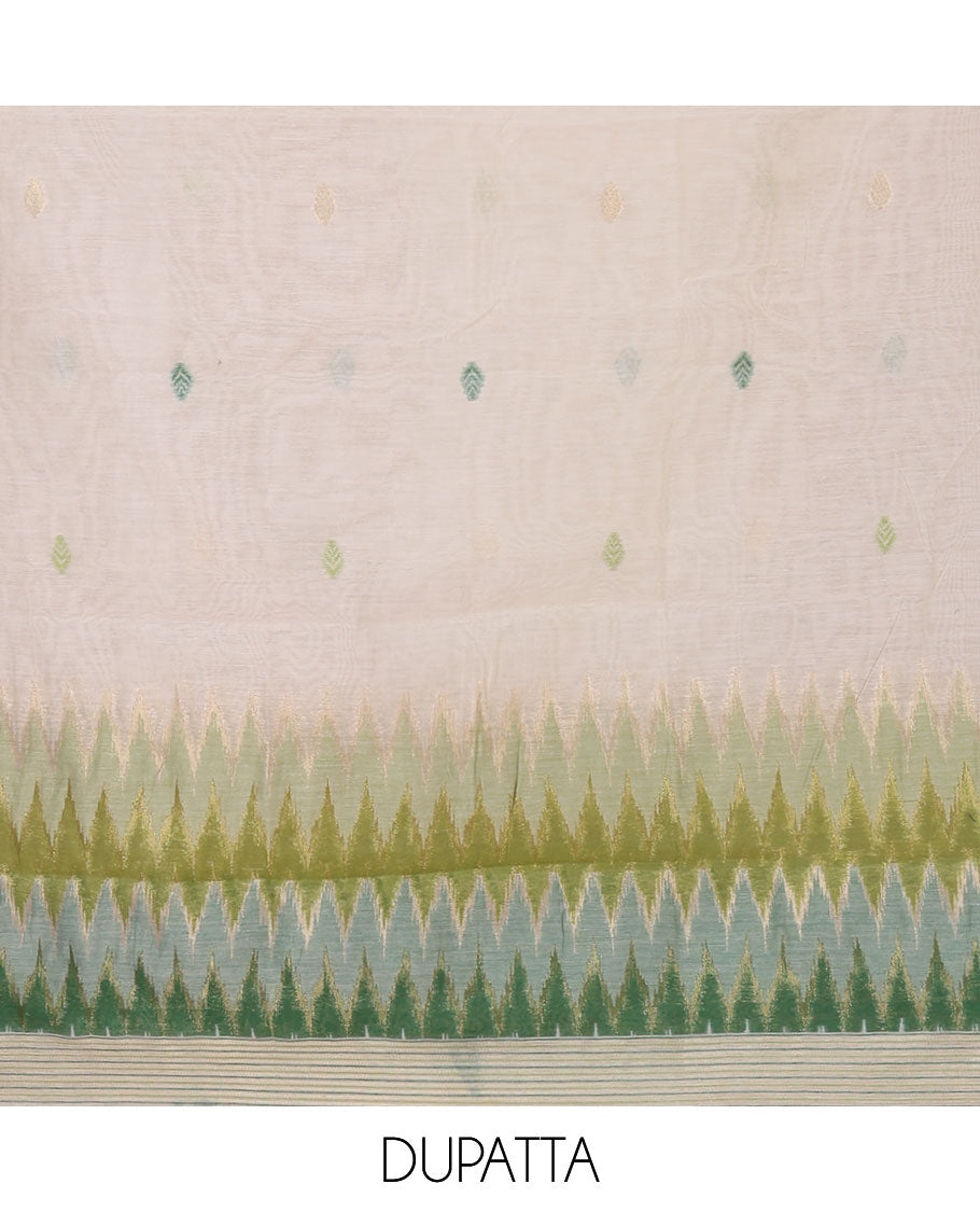 Green material chudidar set,meena butta & ombre zig-zag print mul chanderi top,plain bottom & mul chanderi dupatta of meena butta & ombre zig-zag print