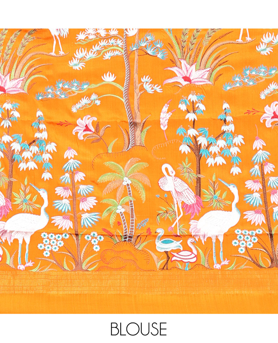 Blue Mysore Silk Saree, Gleamed up with Zari Checked Design on its Body, Complemented by Captivating Contrast Border of Traditional Zari Designs, Pallu of Tropical Flora and Flamingo Bird Designs, and Paired with a Contrast Blouse