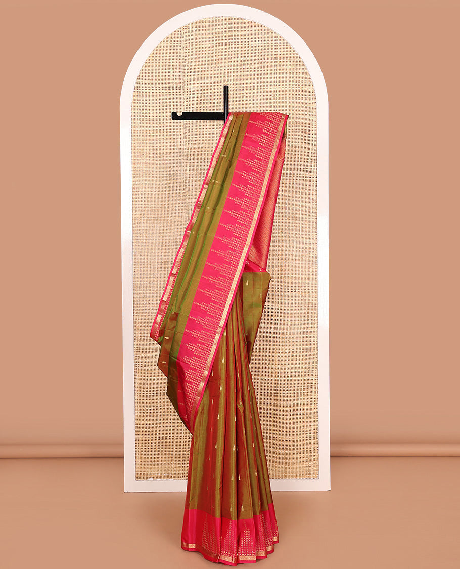 Green rekku zari buttas Vasundhara silk mix saree, contrast geometric zari border, and jaal pallu