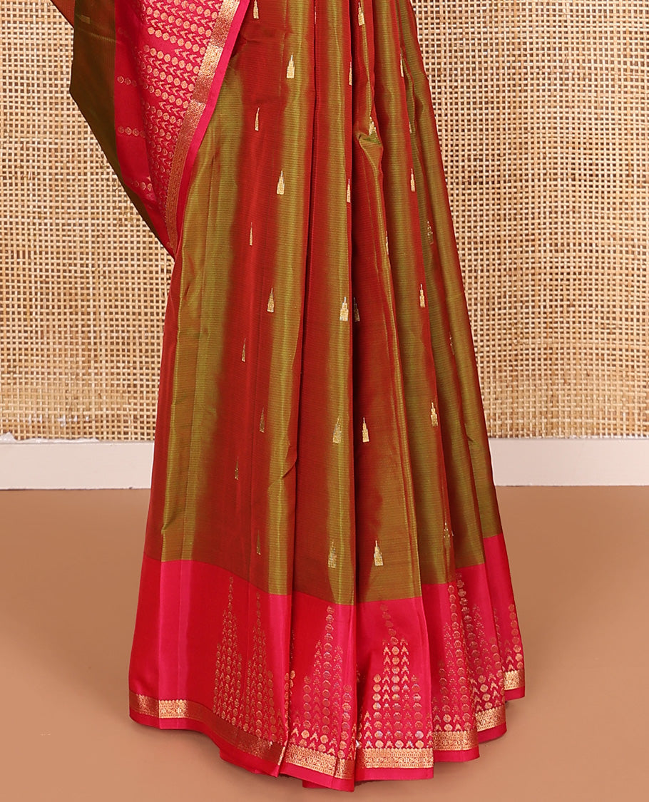 Green rekku zari buttas Vasundhara silk mix saree, contrast geometric zari border, and jaal pallu