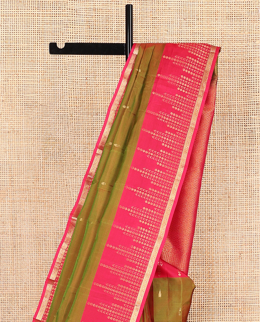 Green rekku zari buttas Vasundhara silk mix saree, contrast geometric zari border, and jaal pallu