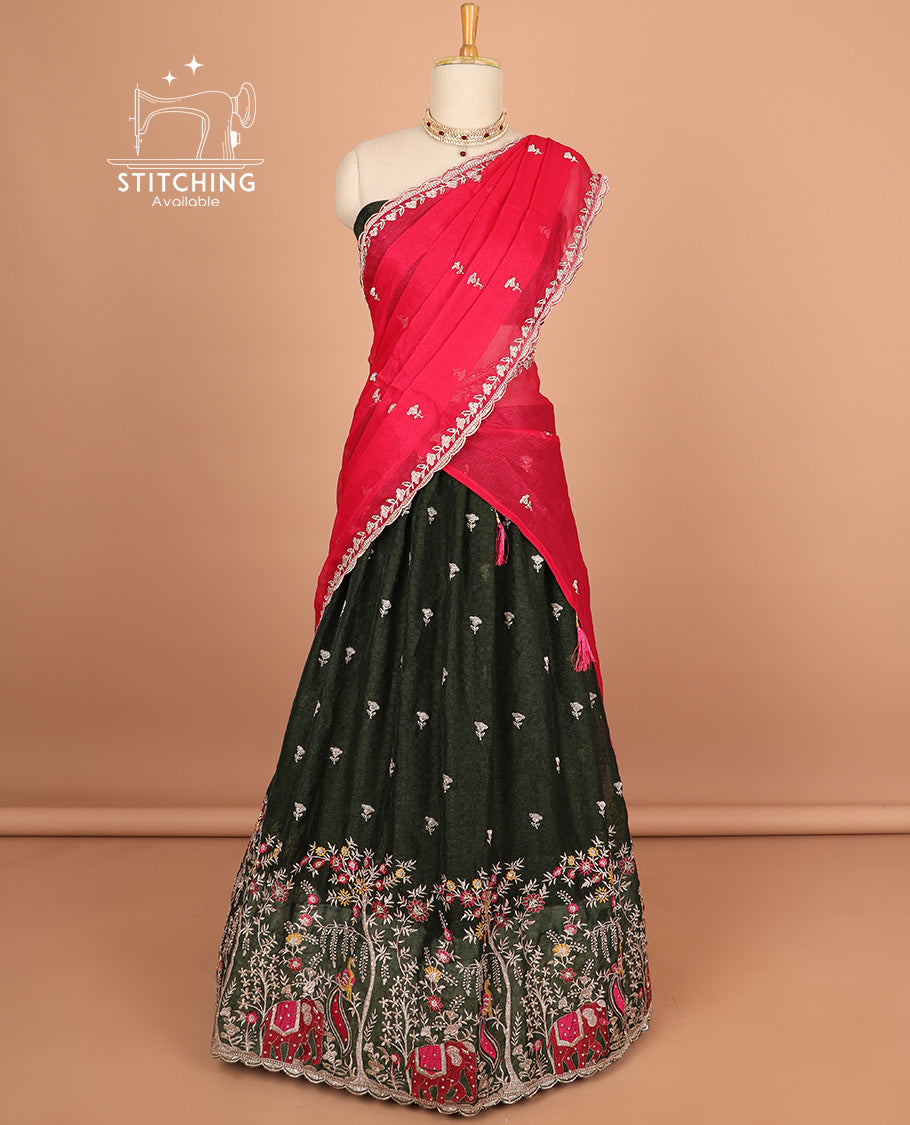 Bottle green floral motifs embroidery half saree with contrast with floral vine embroidery border , embridery blouse & floral embroidery scallop border dhavani