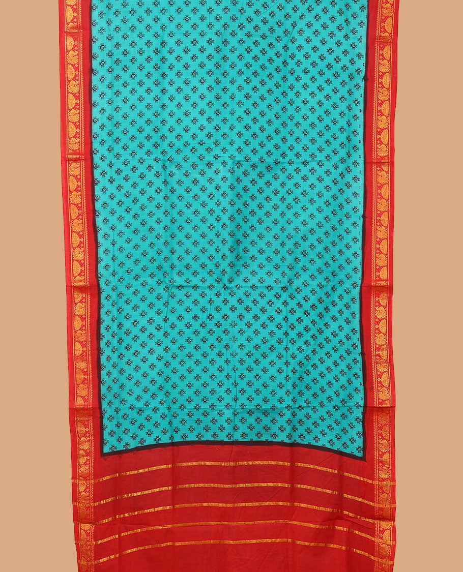 Blue buttas nine-yard cotton saree, contrast traditional zari border, and pallu of stripes