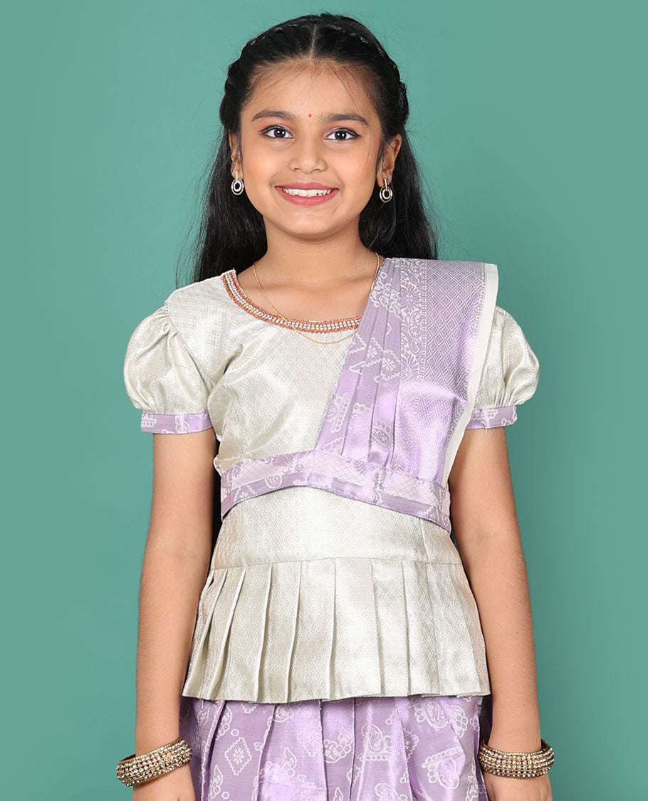 Lavender readymade art silk pavadai, zari design skirt, & jacquard embroidered round neck puff-sleeve blouse with detachable dupatta