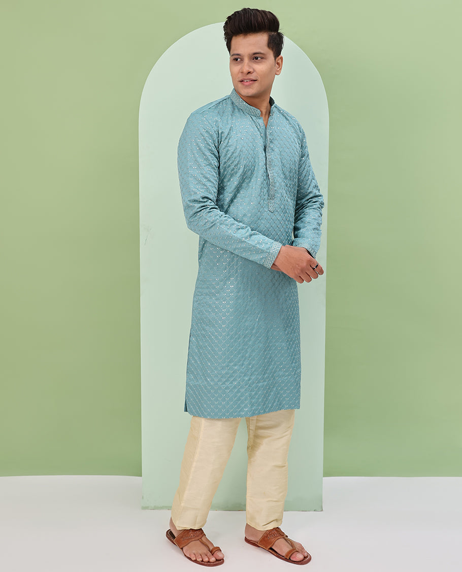 Pastel blue sequins and thread jaal design embroidered full-sleeved readymade kurta
