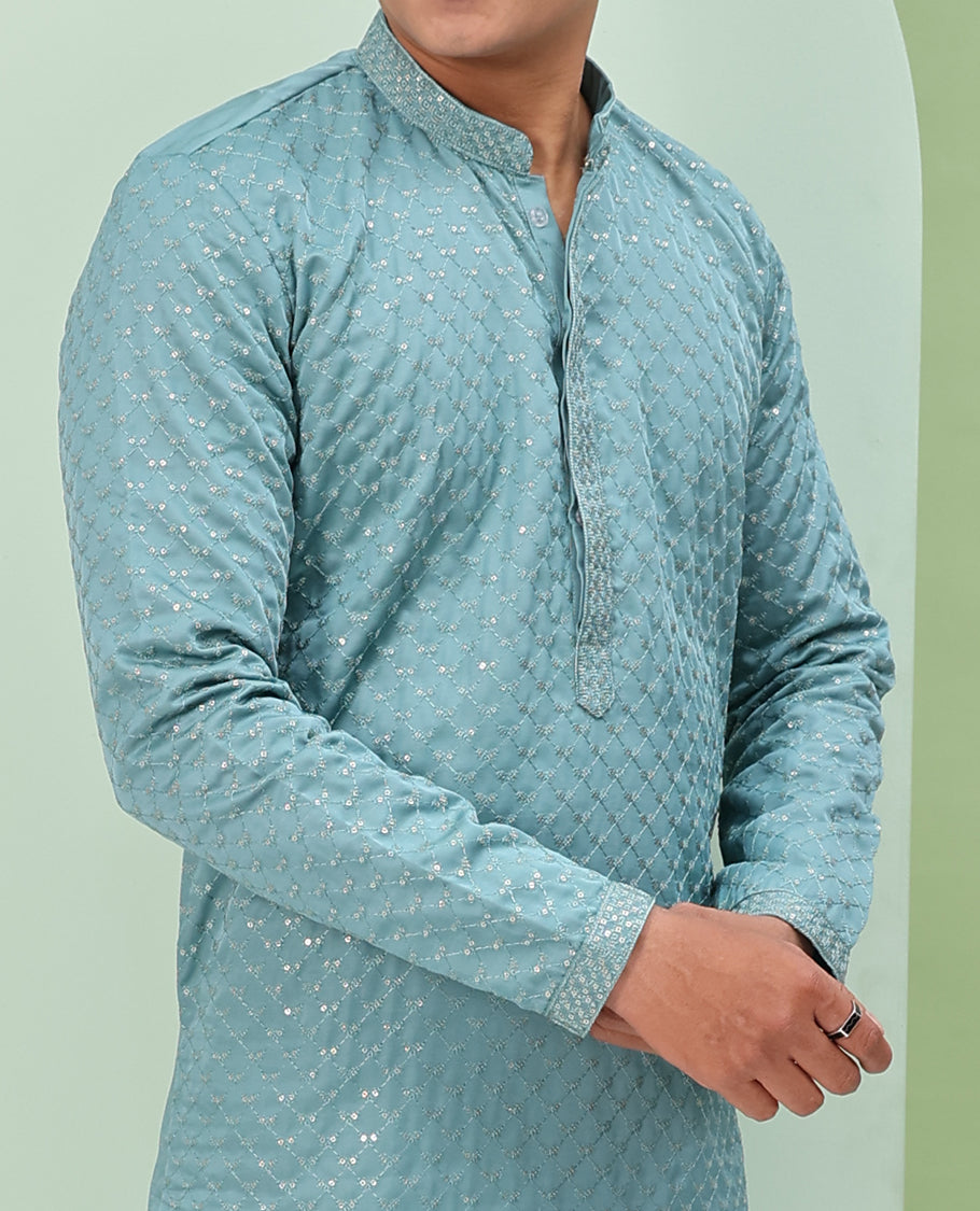 Pastel blue sequins and thread jaal design embroidered full-sleeved readymade kurta