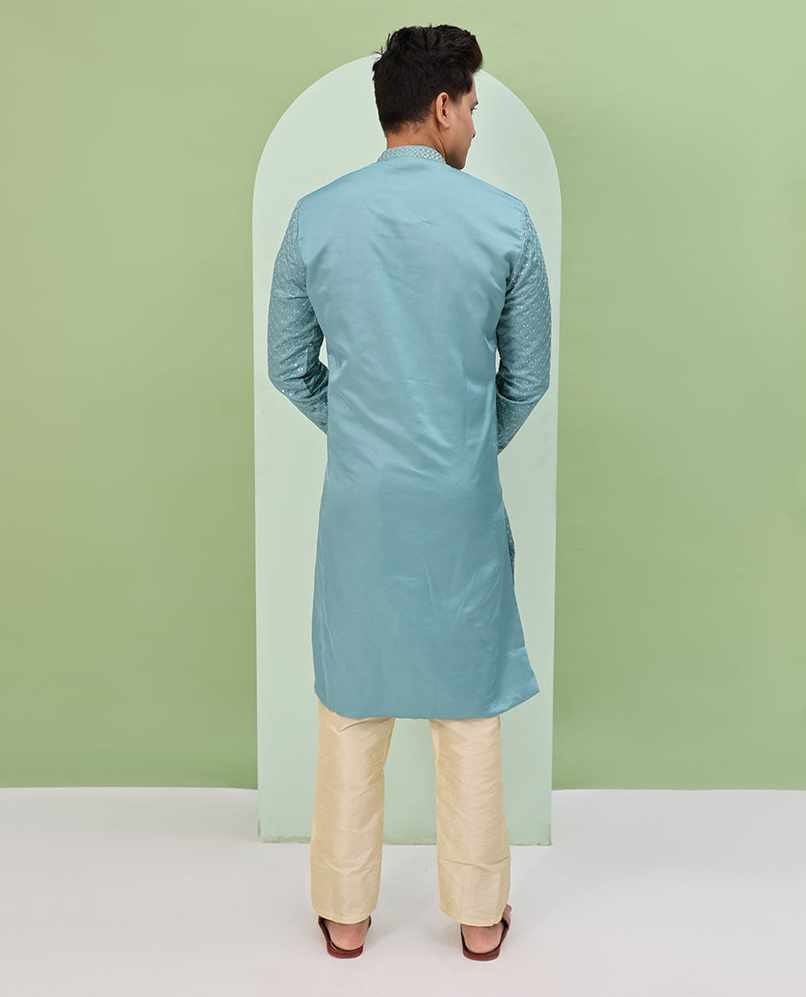 Pastel blue sequins and thread jaal design embroidered full-sleeved readymade kurta