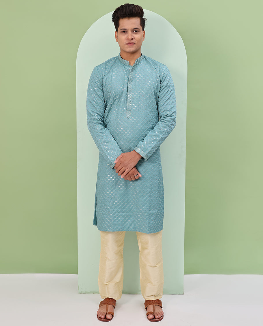 Pastel blue sequins and thread jaal design embroidered full-sleeved readymade kurta