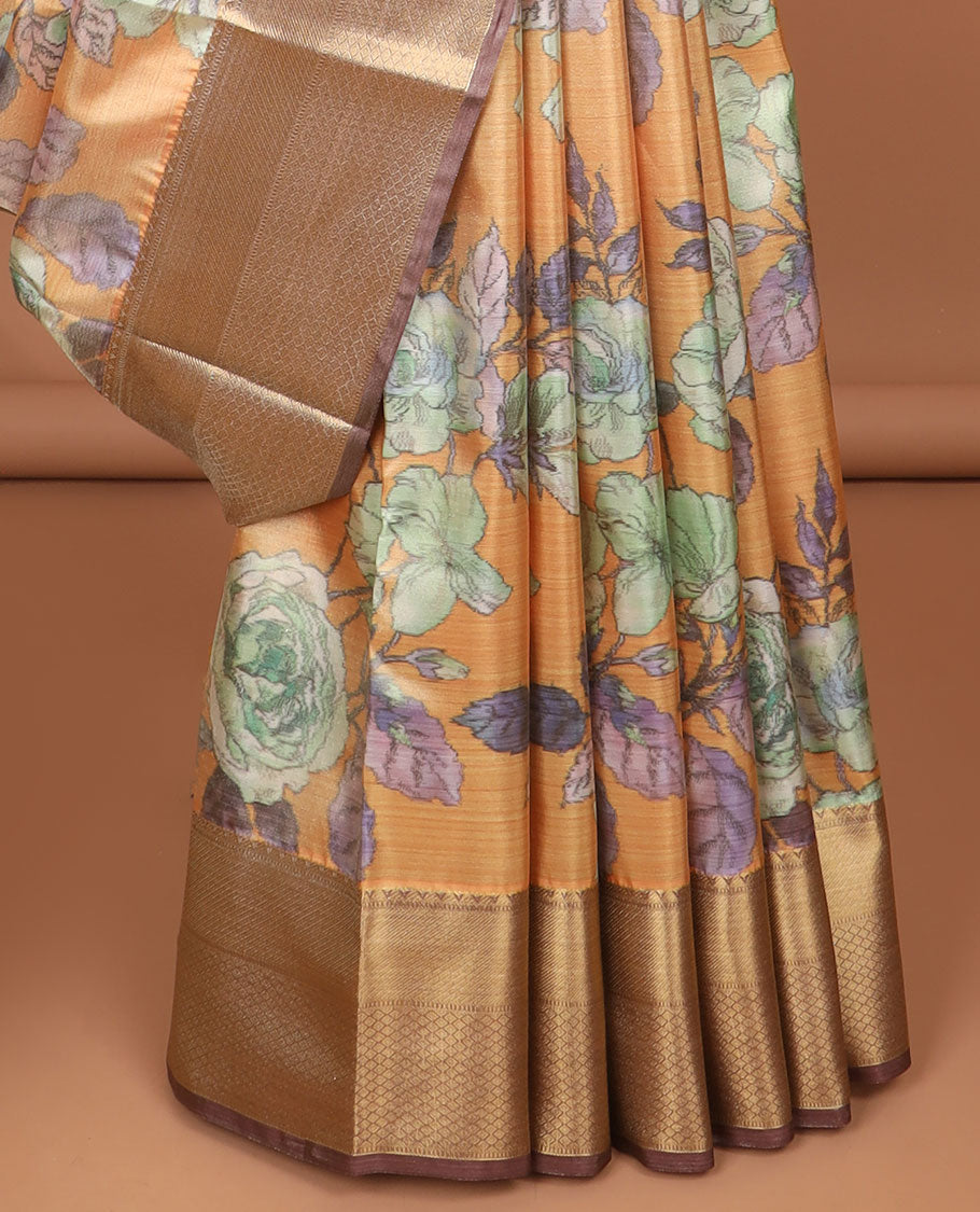 Orange floral printed tissue saree with contrast zari design border & intricate jaal design pallu
