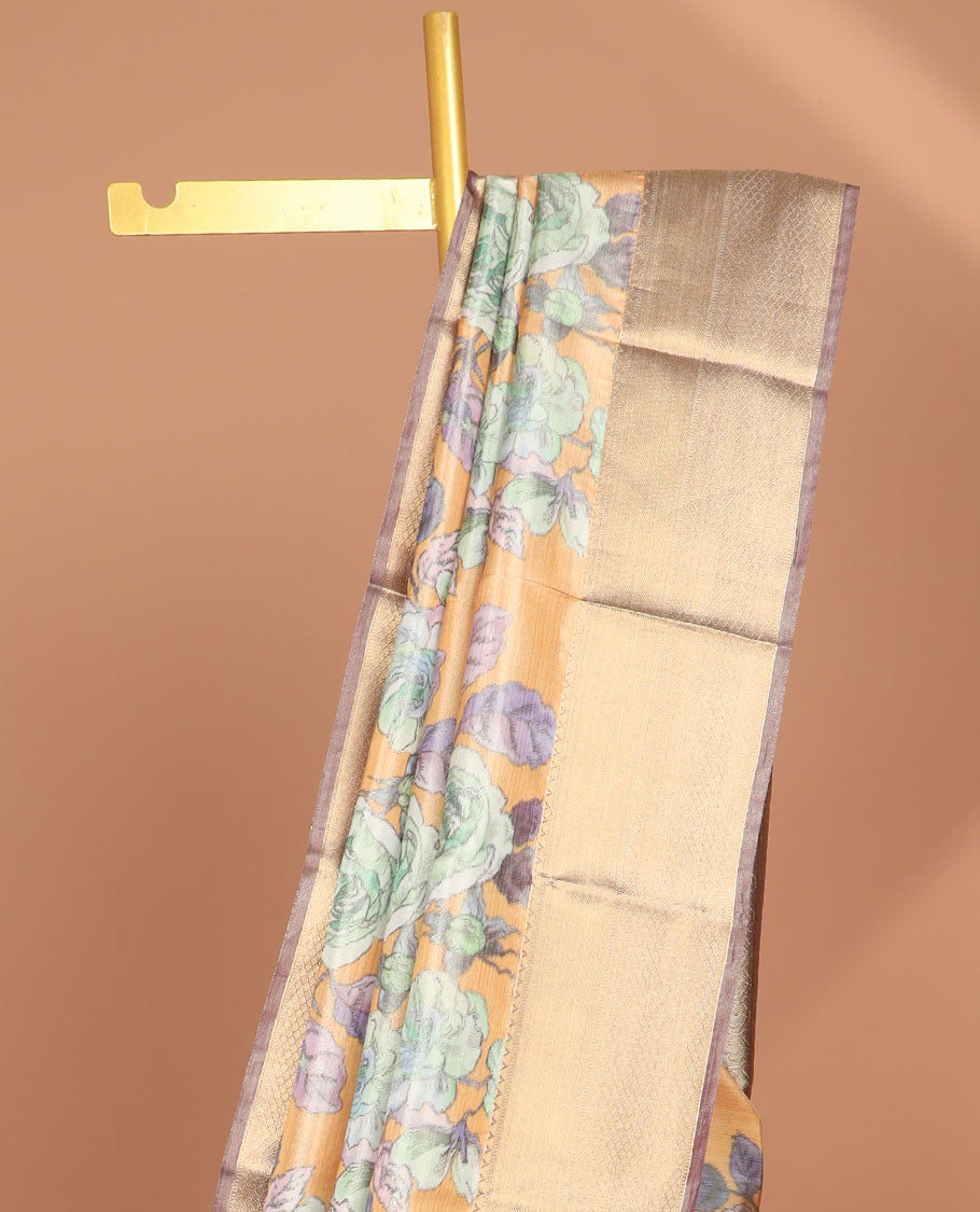 Orange floral printed tissue saree with contrast zari design border & intricate jaal design pallu