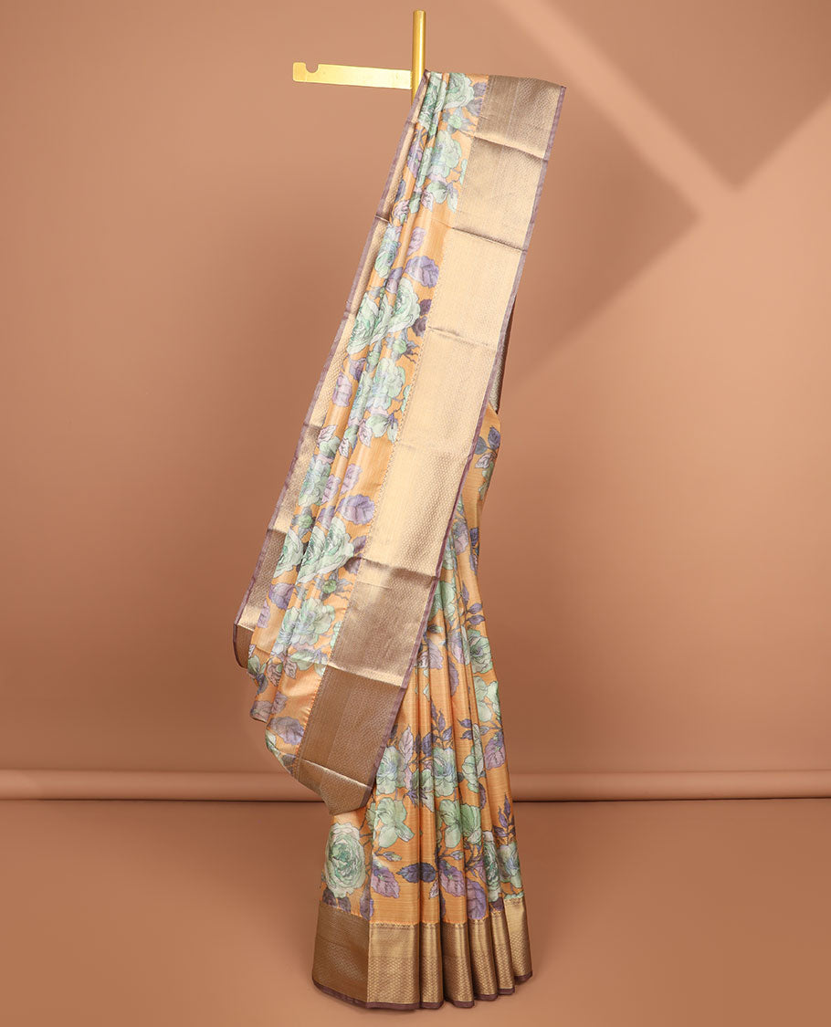 Orange floral printed tissue saree with contrast zari design border & intricate jaal design pallu