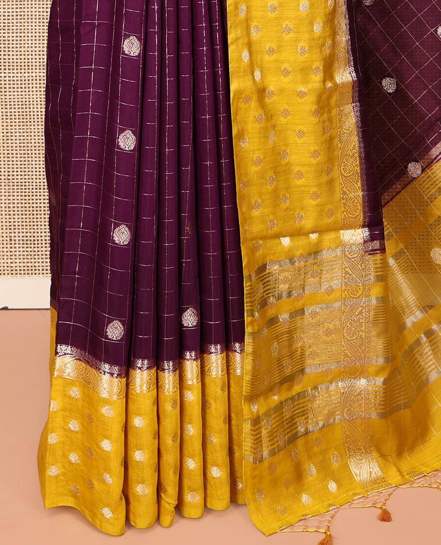 Purple Assam Silk Saree, Embellished with Zari Butta Enclosed Checks, Complemented by a Contrast Zari Butta Woven Border, Zari-Striped Pallu, and a Contrast Blouse