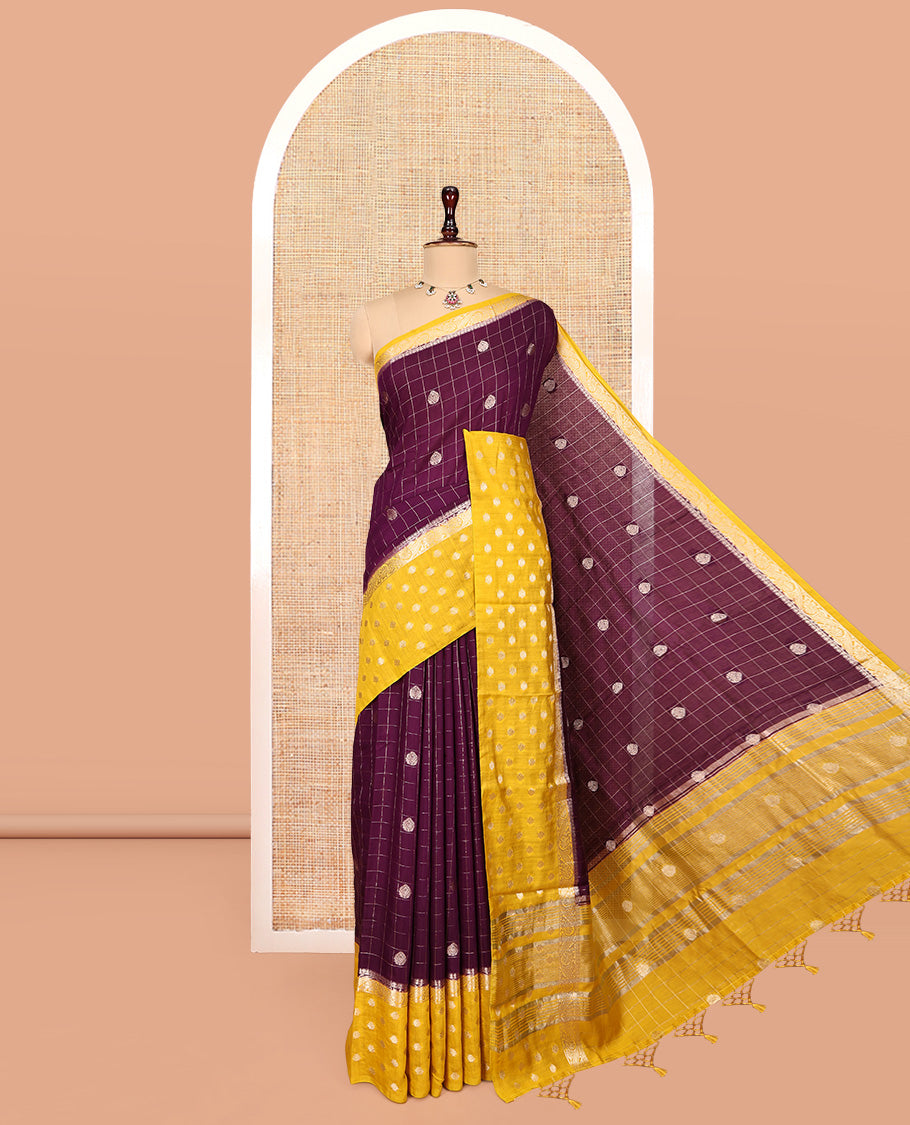 Purple Assam Silk Saree, Embellished with Zari Butta Enclosed Checks, Complemented by a Contrast Zari Butta Woven Border, Zari-Striped Pallu, and a Contrast Blouse