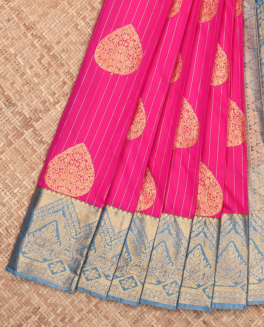 Pink Budget Silk Saree, Richly Detailed with Zari Buttas and Stripes, Complemented by a Contrast Traditional Border, Grand Pallu, and a Contrast Blouse