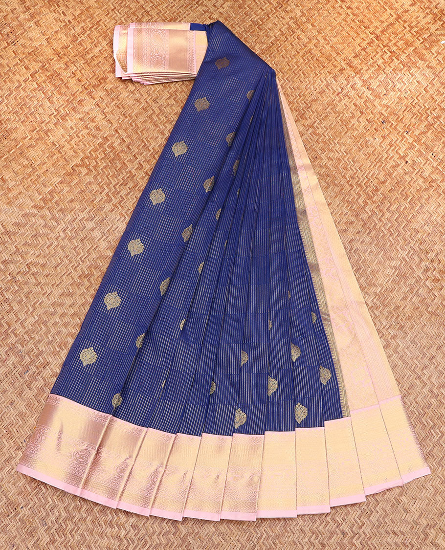 Blue Budget Silk Saree, Embellished with Zari Buttas, Complemented by a Contrast Traditional Zari Border, Grand Pallu, and a Contrast Blouse