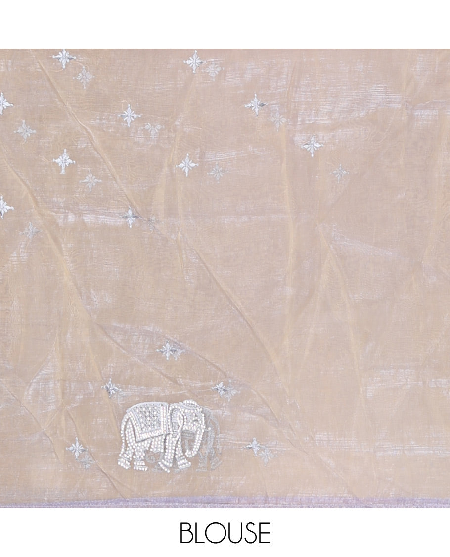 Cream stone embroidered elephant motifs designer saree, scallop crystal stone border & pallu of elephant embroidery