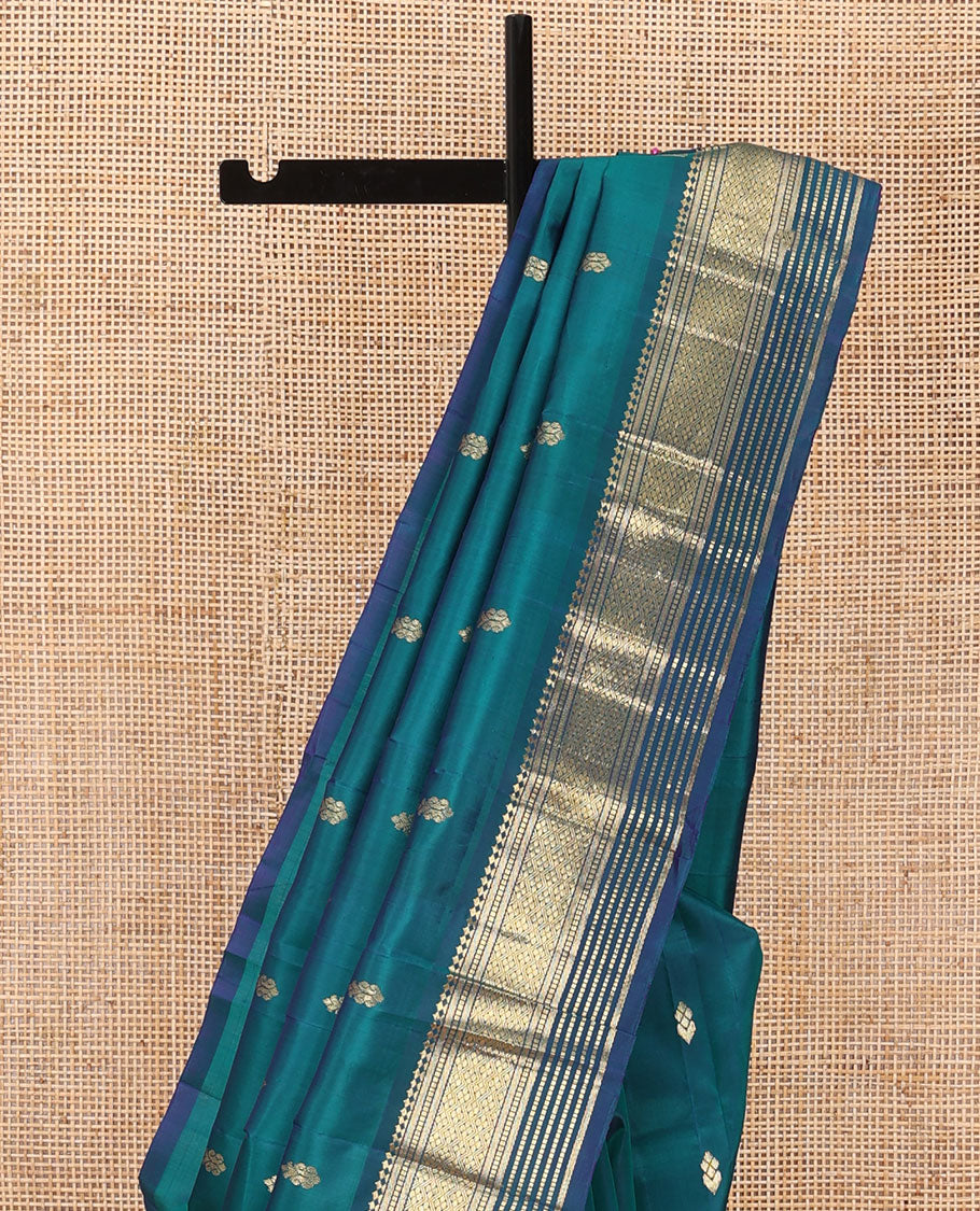Blue zari buttas Kanchipuram silk saree, zari one-sided border of panner sombu,banaras,muthu & jaal designs & zari design pallu