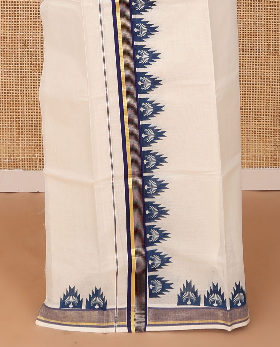 Cream plain Kerala mundu set with contrast blue peacock butta enclosed temple border