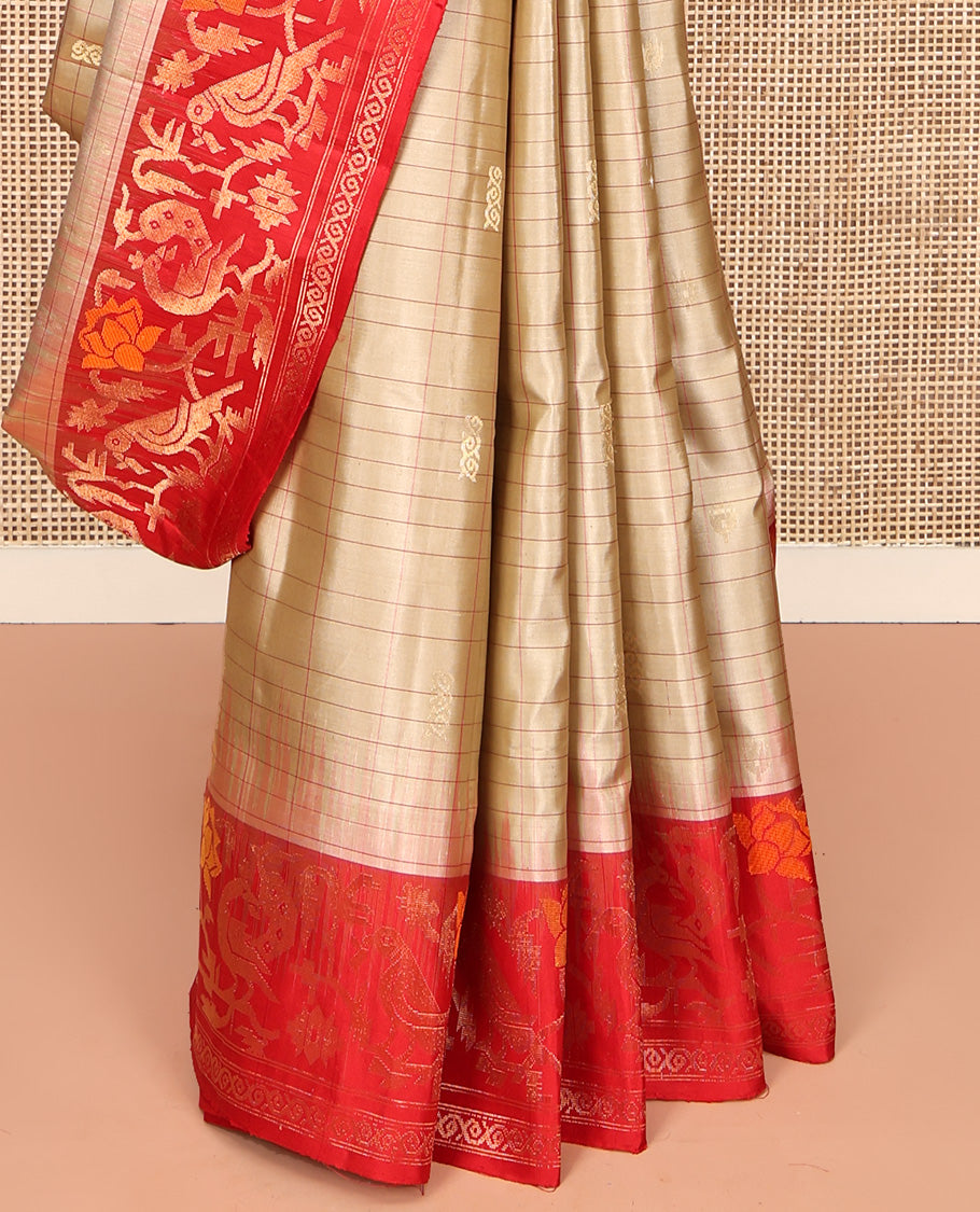 Light Sandal Mayuri Soft Silk Saree, Subtly Sparkled With Zari Buttas and Stripes All Over Its Body, Complemented by Contrast Border of Paithani-Style Flora and Fauna Design Weave, Pallu of Same Design, and Paired with a Contrast Blouse