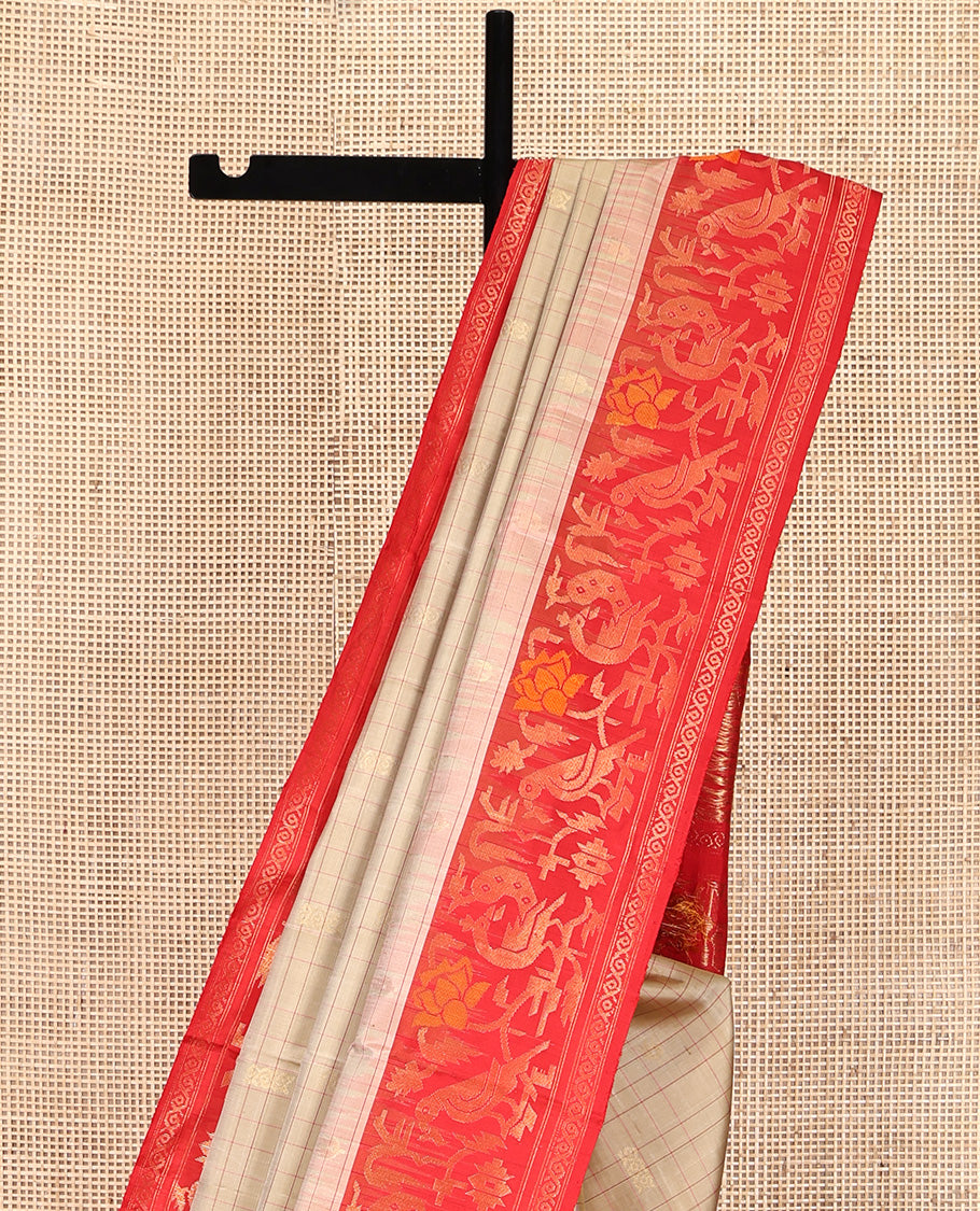 Light Sandal Mayuri Soft Silk Saree, Subtly Sparkled With Zari Buttas and Stripes All Over Its Body, Complemented by Contrast Border of Paithani-Style Flora and Fauna Design Weave, Pallu of Same Design, and Paired with a Contrast Blouse
