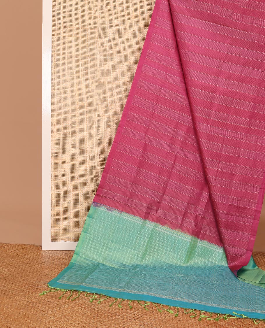Borderless Pink striped soft silk saree with geometric patterned pallu