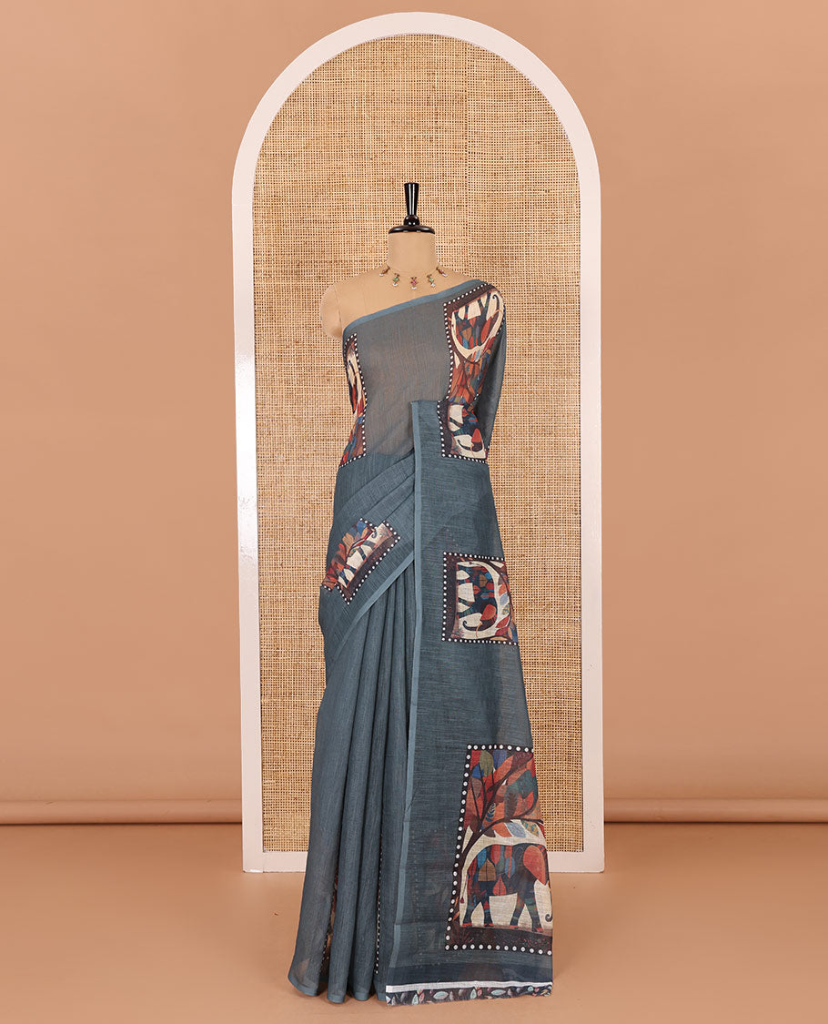 Green plain linen cotton saree, mordern art style elephant motifs printed border, elephant printed pallu, and a leaf printed blouse