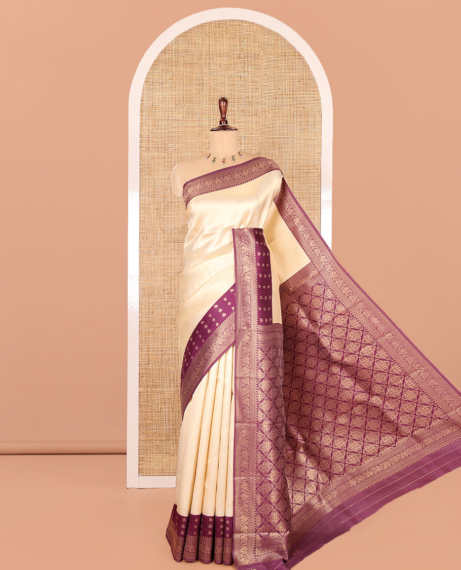 Cream-Purple Embossed Art Kanchi Silk Saree, a Contrast Traditional Zari Border, Grand Jaal Pallu, and a Contrast Blouse