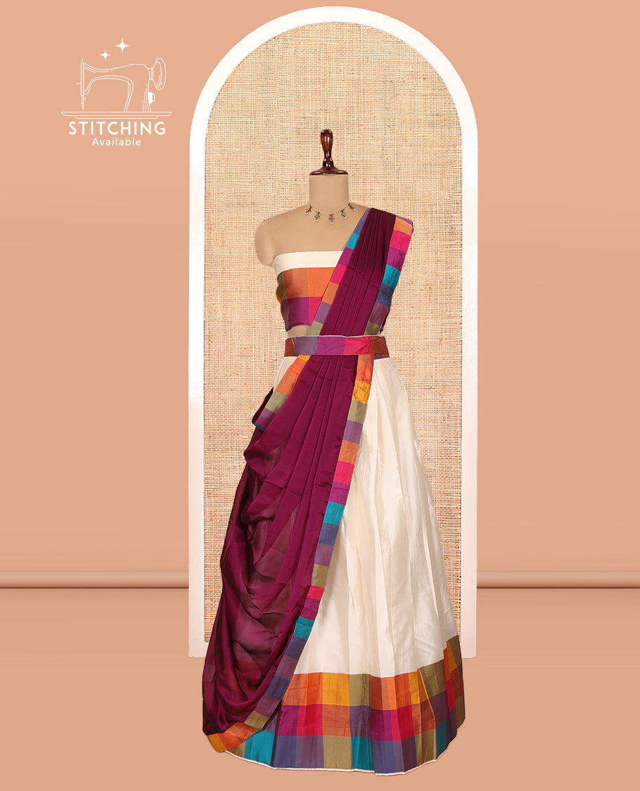 Cream-Wine Semi- Silk Plain Half-Saree, Contrast Madras Checked Border, Matching Blouse and a Contrast Syska Georgette Dhavani