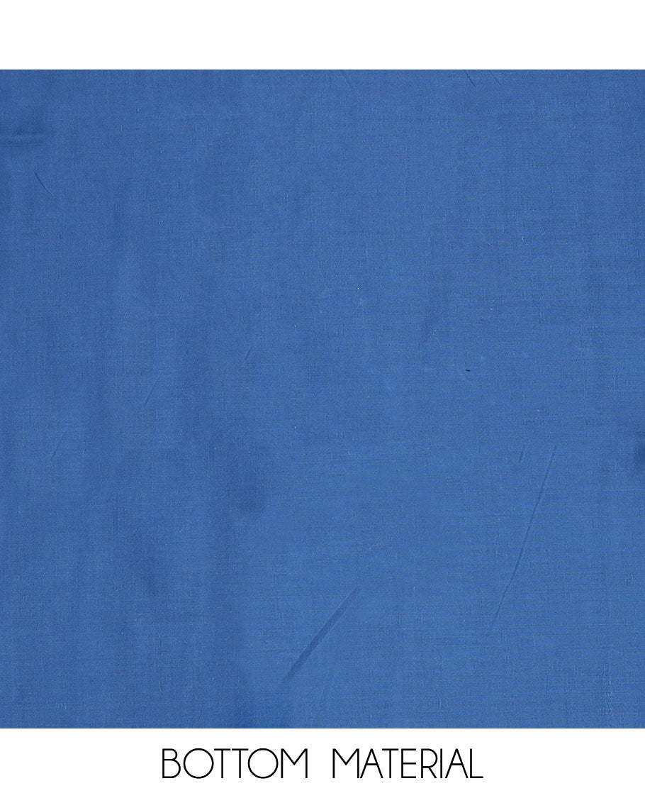 Blue material churidar set, floral with mirror embroidered top, contrast plain bottom, and a chevron design dupatta