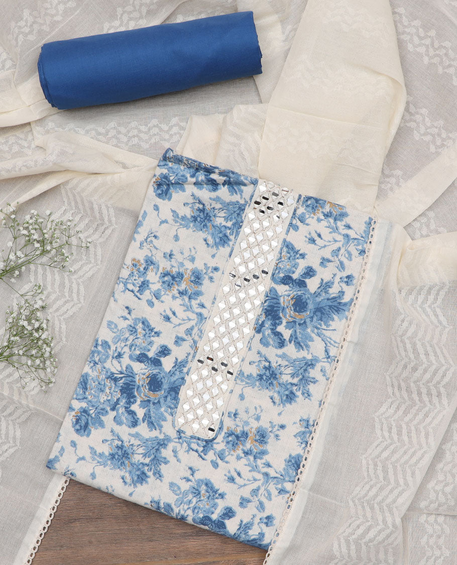 Blue material churidar set, floral with mirror embroidered top, contrast plain bottom, and a chevron design dupatta
