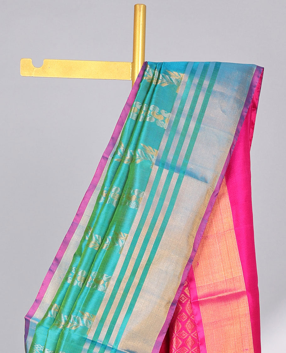 Green striped floral design uppada silk saree with contrast striped zari border & pallu of argyle design