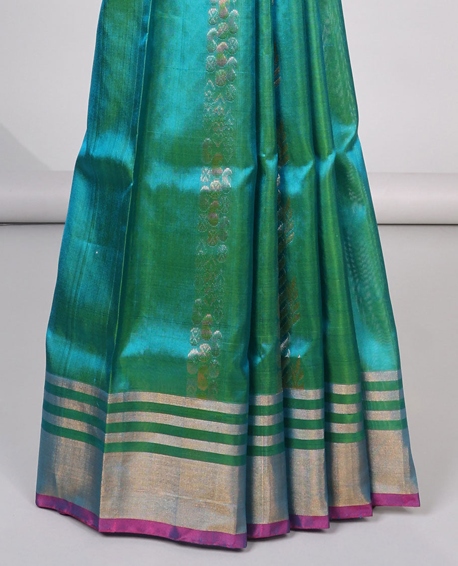 Green striped floral design uppada silk saree with contrast striped zari border & pallu of argyle design