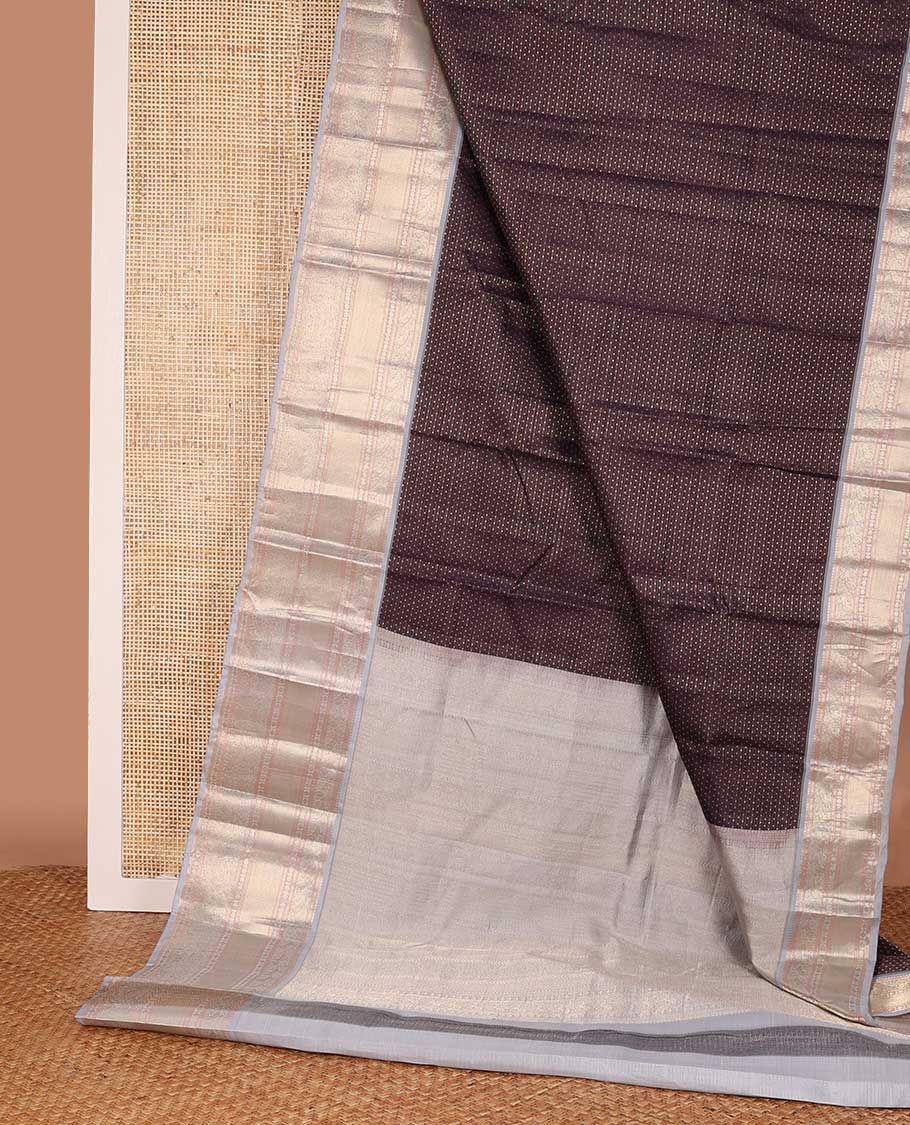 Chocolate brown zari buttas silk saree, contrast traditional zari border, and intricate pallu