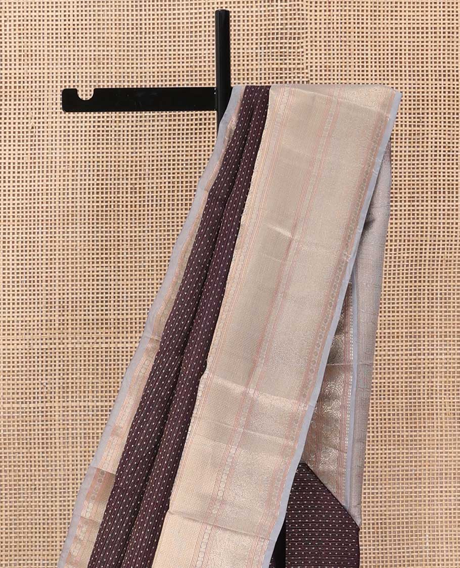 Chocolate brown zari buttas silk saree, contrast traditional zari border, and intricate pallu