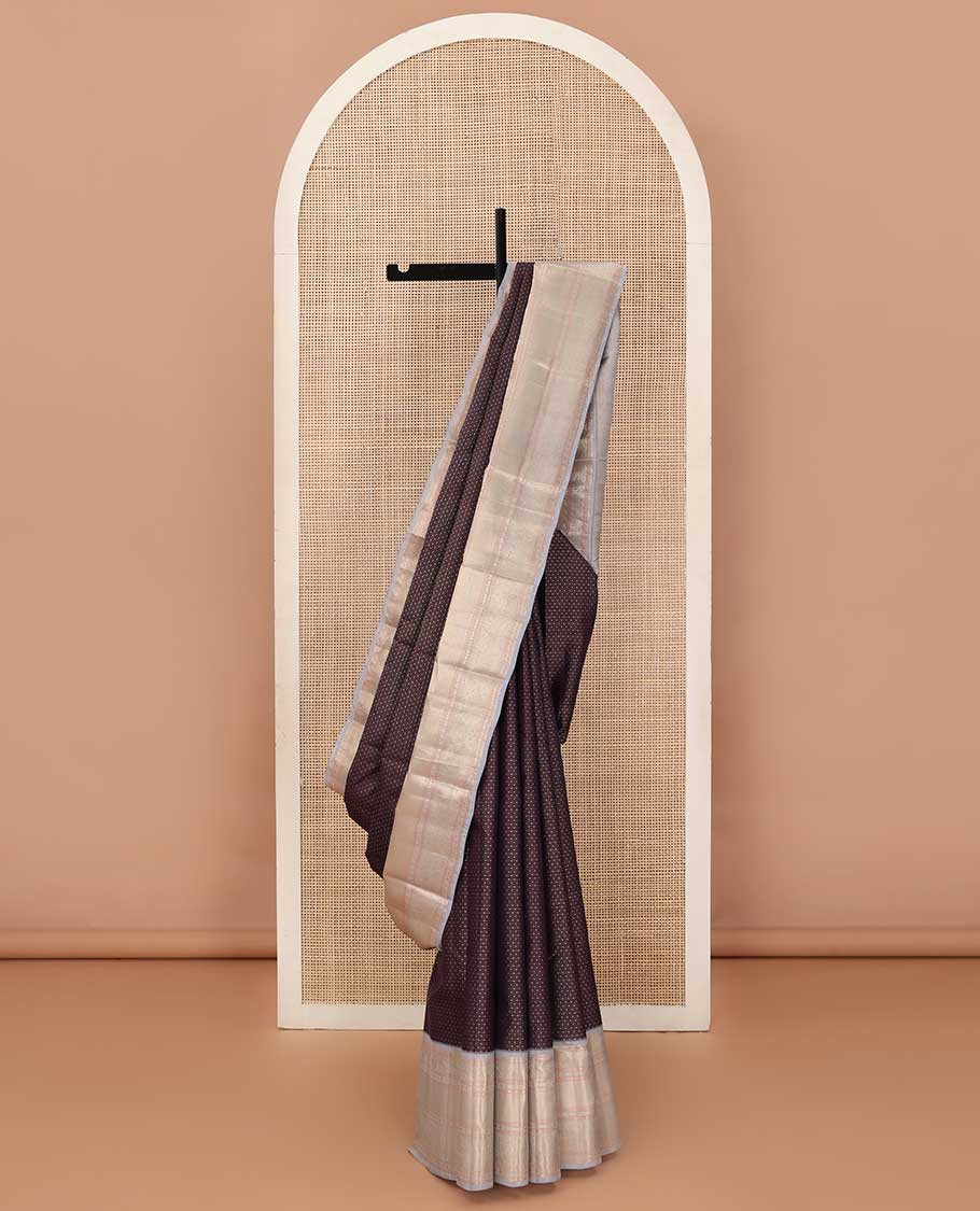 Chocolate brown zari buttas silk saree, contrast traditional zari border, and intricate pallu