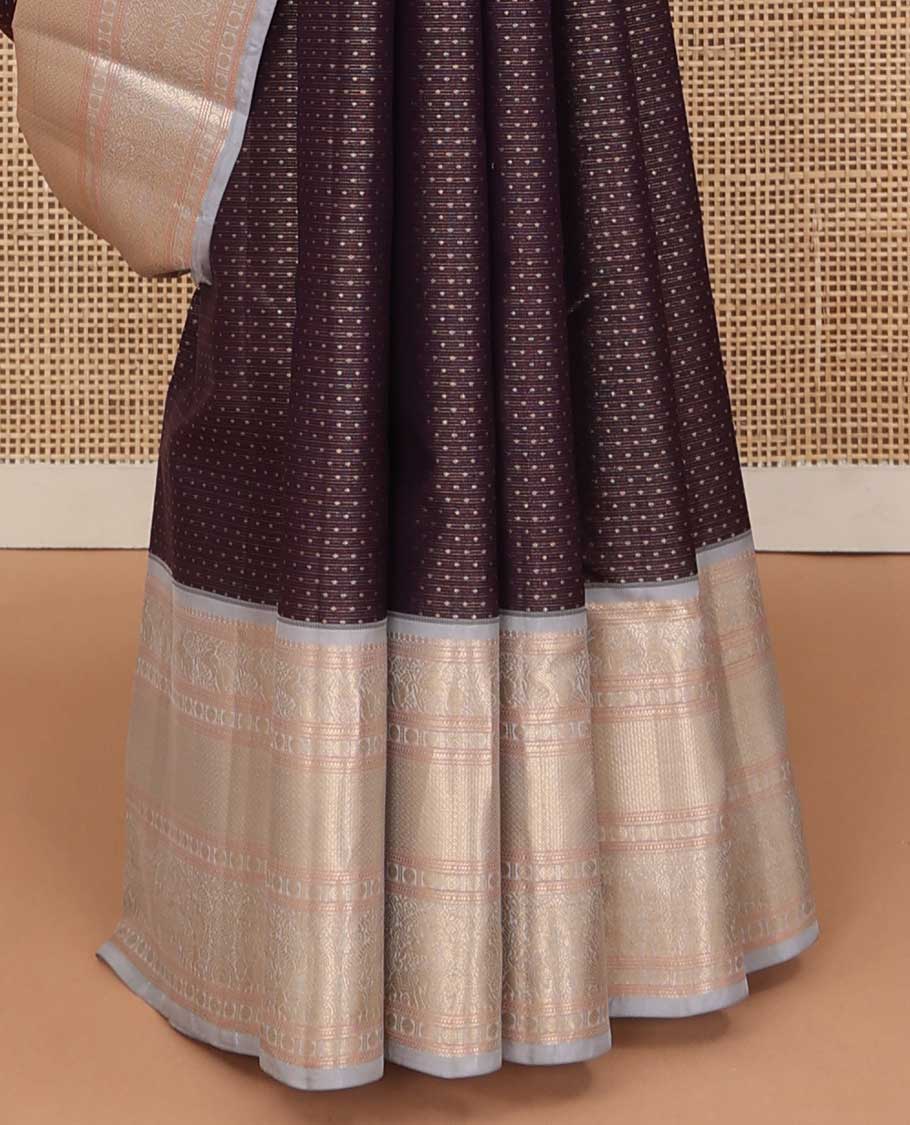 Chocolate brown zari buttas silk saree, contrast traditional zari border, and intricate pallu