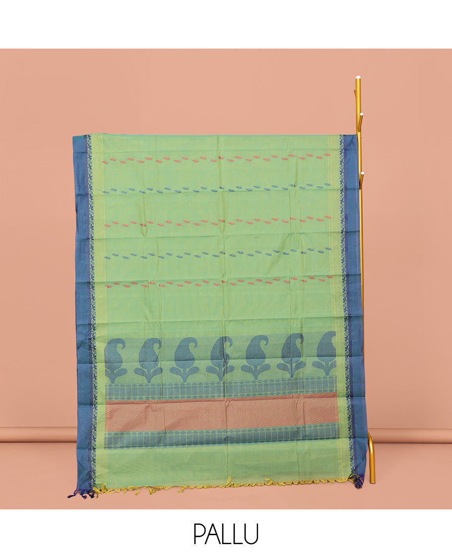 Blue Kanchi Cotton Saree, Elevated with Buttas on Its Body, Complemented by Contrast Border, a Pallu of Geometric-Paisley Designs, and Paired with a Matching Blouse